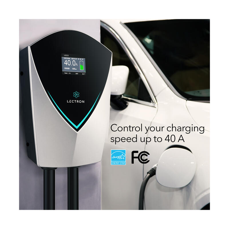 Lectron V-BOX 240V 40A Electric Vehicle Charge Station NEMA 14-50 Plug mounted on a wall and plugged in