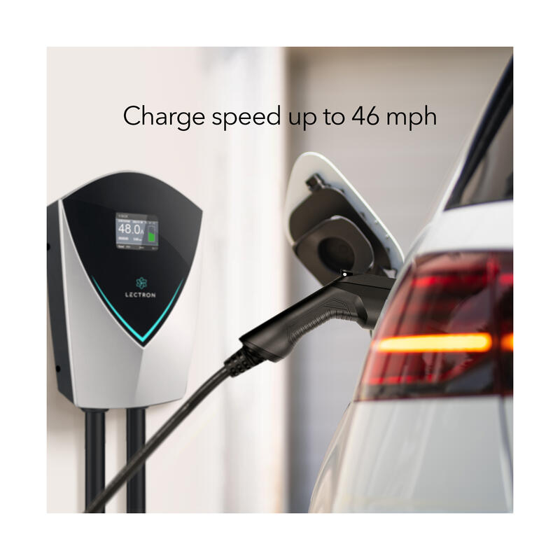 Lectron V-BOX 240V 48A EV Charging Station, NEMA 14-50 Plug plugged in showing charge speed