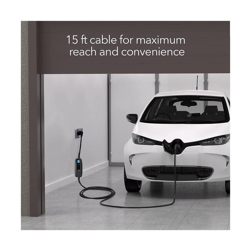 Lectron 240V 32 Amp Level 2 EV Charger 15' Cord J1772, NEMA 14-50 Plugged into the front of an electric vehicle