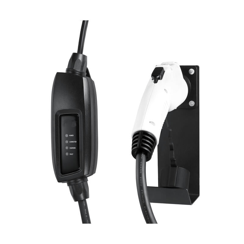 Lectron EV Charger Nozzle Holster Dock and J-Hook for J1772 Connector with charger plugged in