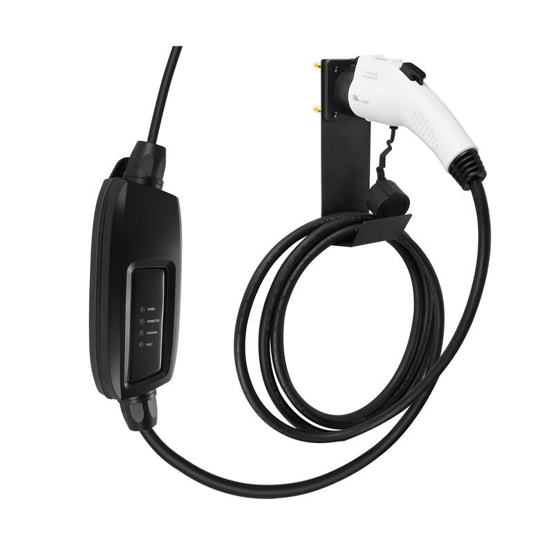 Lectron EV Charger Nozzle Holster Dock and J-Hook for J1772 Connector with charger plugged in and cord hung up