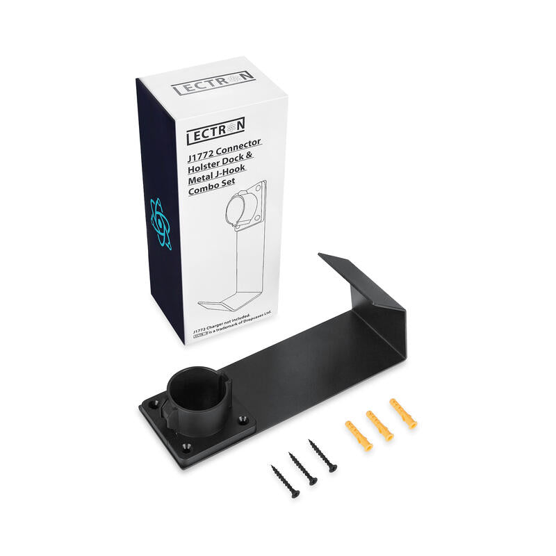 Lectron EV Charger Nozzle Holster Dock and J-Hook for J1772 Connector packaging with mounting screws