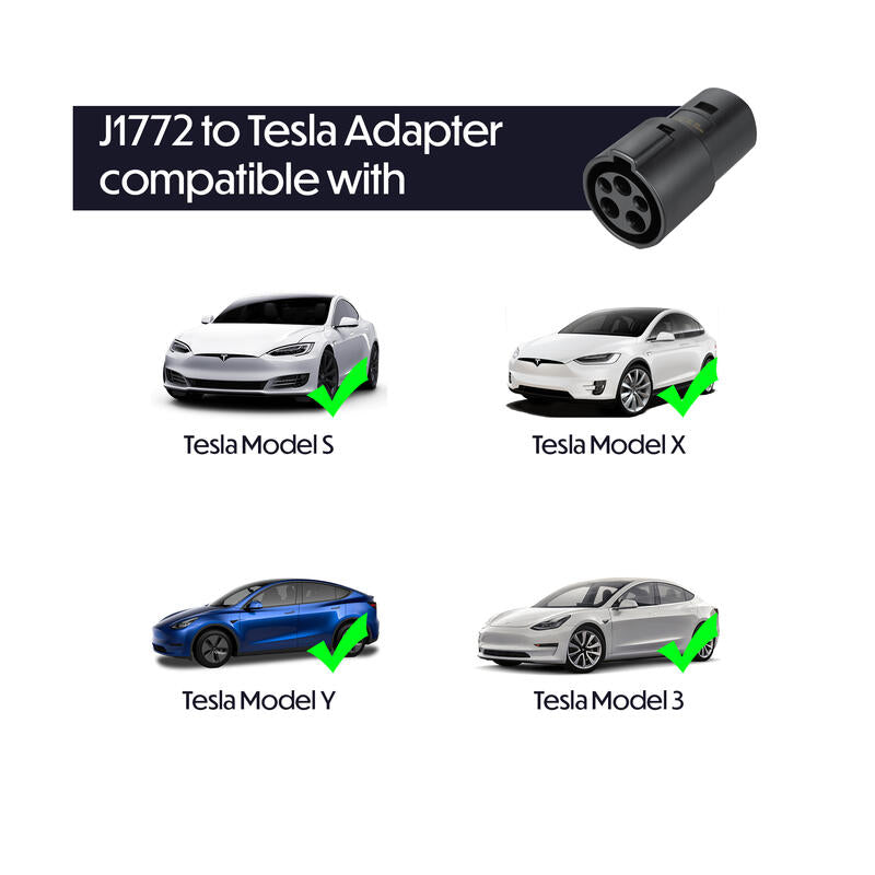 Lectron J1772 to Tesla Charging Adapter, 60A & 250V AC - (Black) showing compatible models