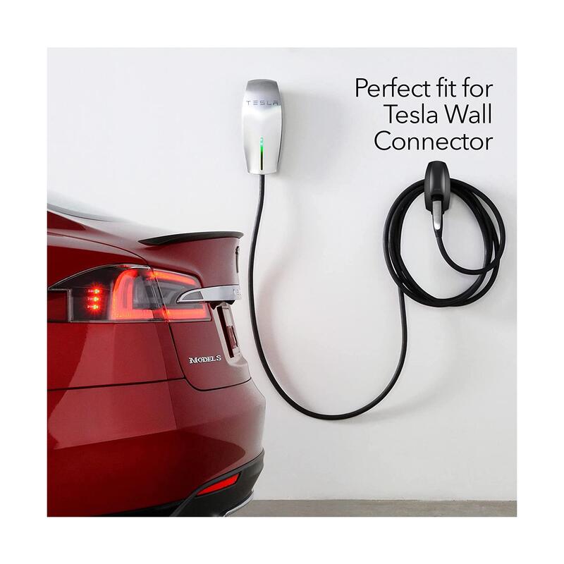 Black Lectron Cable Charger Holder for Tesla Model X/S/Y/3 mounted on a garage wall