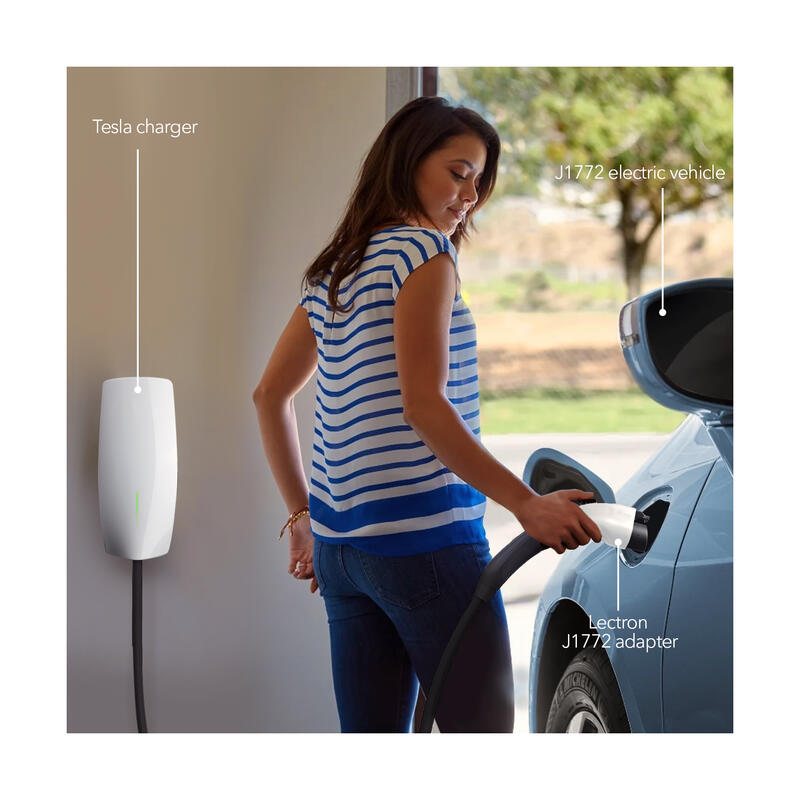 Lectron - J1772 Charging Adapter Tesla Compatible (White) being plugged into a vehicle and connected to a Tesla charger