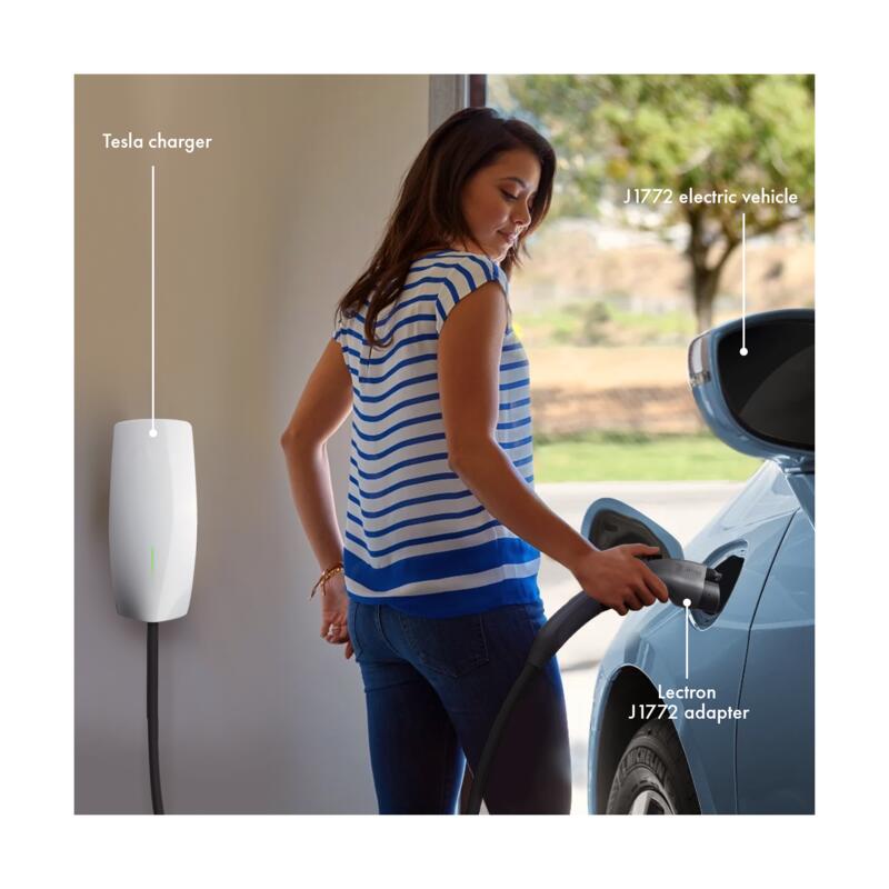 Tesla charger with Lectron J1772 Charging Adapter being plugged into an electric vehicle